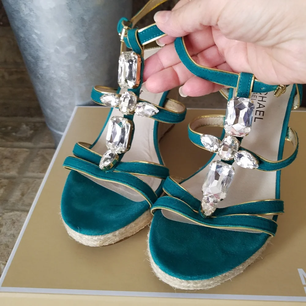 AUTHENTIC Michael Kors Aqua & Gold Suede Espadrille Wedge Sandals - size 7